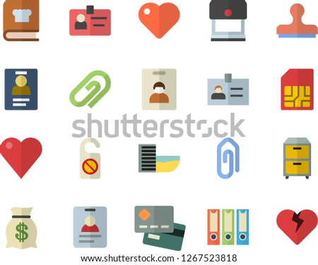 Color flat icon set cookbook flat vector, SIM card, credit, wealth, heart, badge, archive, folders for papers, indentity fector, hotel first line, do not disturb, clip, stamp