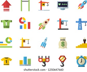 Color flat icon set crane flat vector, hook, rocket, wealth, statistics, computer diagnostics of health, statistic, career ladder, parallel bars, sport T shirt, upload, alarm clock
