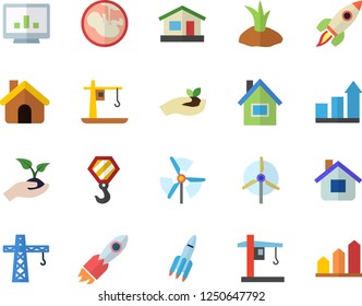 Color flat icon set crane flat vector, house, hook, seedlings, planting plants, rocket, embryo, computer chart, windmill, achievement