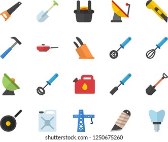 Color flat icon set crane flat vector, saw, stationery knife, hammer, frying pan, teflon, kitchen spatula, spoon, whisk, knives, shovel, canister, satellite antenna, metallurgy, implant