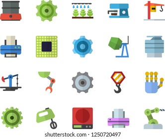 Color flat icon set crane flat vector, hook, concrete mixer, cogwheel, weighing machine, double boiler, coffee, sprinkling, oil pumping, printer, copy, robot hand, cpu, industrial
