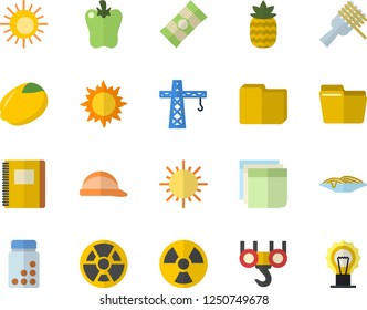 Color flat icon set crane flat vector, hook, hard hat, spaghetti, lemon, on a fork, bell pepper, pineapple, sun, radiation, computer file, sticker, notebook, vitamins, fector, lamp