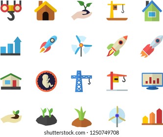 Color flat icon set crane flat vector, house, hook, seedlings, planting plants, rocket, embryo, computer chart, windmill, achievement