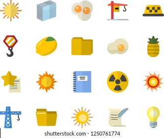 Color flat icon set crane flat vector, hook, lemon, scrambled eggs, pineapple, sun, radiation, computer file, sticker, hostory roll, notebook, fector, taxi, favorites, lamp