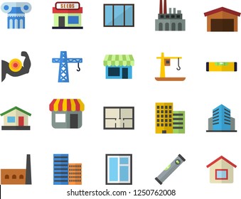 Color flat icon set crane flat vector, window, house layout, level meter, skyscraper, grain warehouse, manufactory, plant, store front, office building, muscles, antique column fector, shop