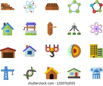 Color flat icon set crane flat vector, house, brick wall, hook, door lock, skyscraper, well, warehouse, molecules, hierarchy, molecule, atom, dna, core of the earth fector, antique column