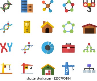 Color flat icon set crane flat vector, house, hook, tool bag, door lock, skyscraper, warehouse, DNA, chromosomes, molecules, clircle diagram, molecule, classification