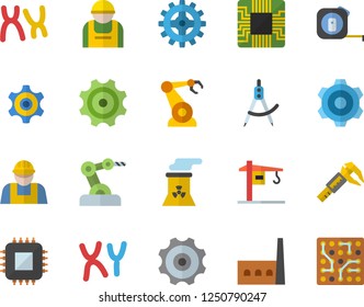 Color flat icon set crane flat vector, builder, cogwheel, tape measure, trammel, manufactory, construction worker, motherboard, robotics, dividers, chromosomes, nuclear power plant, industrial robot