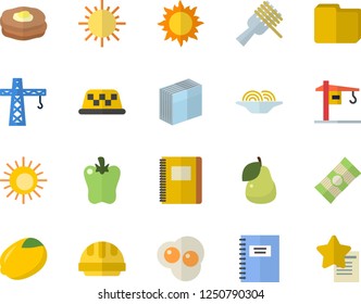 Color flat icon set crane flat vector, hard hat, spaghetti, lemon, on a fork, bell pepper, scrambled eggs, pear, pancakes, sun, computer file, sticker, notebook, fector, taxi, favorites