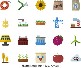 Color flat icon set crane flat vector, tomato, blackberry, ear, seeds, fertilizer vectory, flower, sprinkling machine, hose, secateurs, seedlings, solar battery, windmill, factory, plant