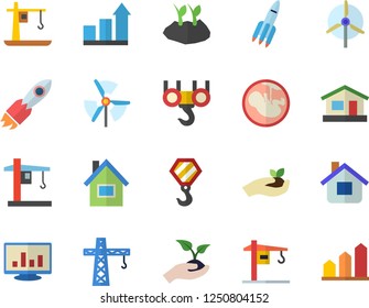 Color flat icon set crane flat vector, house, hook, seedlings, planting plants, rocket, embryo, computer chart, windmill, achievement