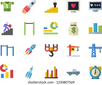 Color flat icon set crane flat vector, hook, pickup truck, rocket, wealth, statistics, computer diagnostics of health, statistic, career ladder, parallel bars, sport T shirt, alarm clock