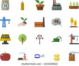 Color flat icon set crane flat vector, tomato, mustard, ear, fertilizer vectory, home plant, tree, hose, secateurs, seedlings, solar battery, factory, power line support, manufactory, carbon dioxide