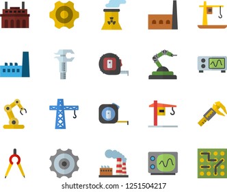 Color flat icon set crane flat vector, cogwheel, tape measure, trammel, factory, manufactory, plant, robotics, dividers, nuclear power, oscilloscope, industrial robot, electronic circuit