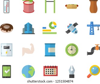 Color flat icon set crane flat vector, switch box, jugful, hot dog, donut, thermometer, main pipeline, statistics, calendar, clock, office building, ink pen, satellite, muscles, parallel bars