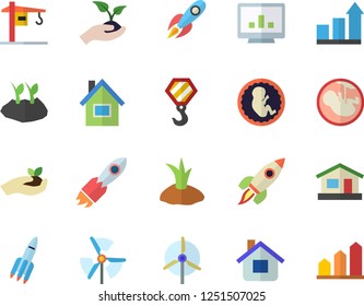 Color flat icon set crane flat vector, house, hook, seedlings, planting plants, rocket, embryo, computer chart, windmill, achievement