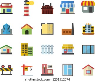 Color flat icon set crane flat vector, window, house layout, skyscraper, heating batteries, barrier, grain warehouse, gas station, manufactory, plant, store front, lighthouse, office building