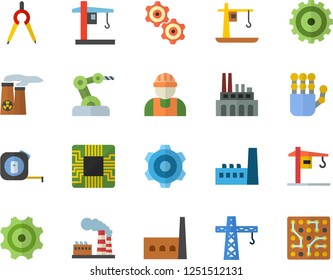 Color flat icon set crane flat vector, builder, cogwheel, tape measure, factory, manufactory, plant, motherboard, dividers, robot hand, nuclear power, industrial, electronic circuit