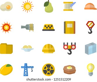 Color flat icon set crane flat vector, hook, hard hat, lemon, spaghetti on a fork, scrambled eggs, pear, pancakes, radiation, computer file, sticker, hostory roll, notebook, sun fector, taxi, lamp