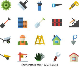 Color flat icon set crane flat vector, house, builder, wheelbarrow, ladder, skyscraper, tile, putty knife, construction plummet, shovel, saw, garden, gloves, trammel, wrench, mining, cogwheel