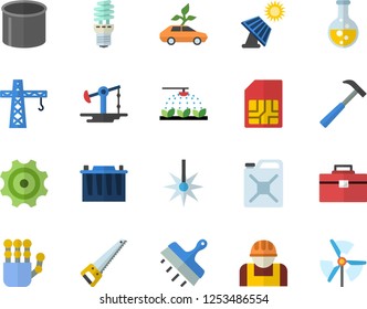 Color flat icon set crane flat vector, saw, tool bag, putty knife, hammer, sprinkling machine, solar battery, oil pumping, chemistry, accumulator, cogwheel, construction worker, energy saving lamp