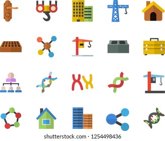 Color flat icon set crane flat vector, house, hook, tool bag, door lock, skyscraper, brick, molecules, DNA, chromosomes, hierarchy