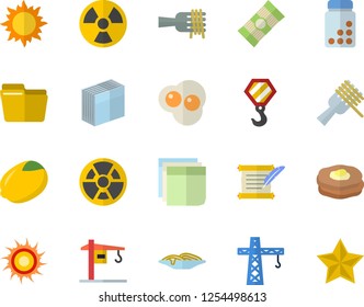 Color flat icon set crane flat vector, hook, spaghetti, lemon, on a fork, scrambled eggs, pancakes, sun, radiation, computer file, sticker, hostory roll, vitamins, fector, favorites