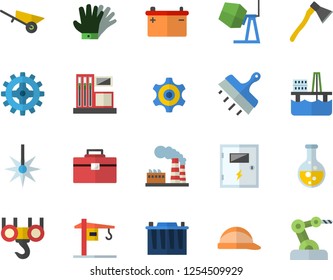 Color flat icon set crane flat vector, hook, concrete mixer, wheelbarrow, tool bag, hard hat, switch box, putty knife, ax, gloves, oil production platform, chemistry, gas station, factory, cogwheel