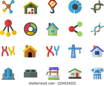Color flat icon set crane flat vector, house, hook, brick, well, hierarchy, molecules, warehouse, DNA, chromosomes, office building, clircle diagram, antique column fector