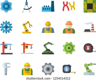Color flat icon set crane flat vector, builder, cogwheel, tape measure, factory, manufactory, construction worker, motherboard, robotics, dividers, trammel, chromosomes, industrial robot