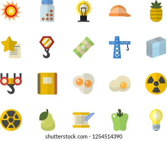Color flat icon set crane flat vector, hook, hard hat, spaghetti, bell pepper, scrambled eggs, pineapple, pear, radiation, sticker, hostory roll, notebook, vitamins, sun fector, favorites, lamp