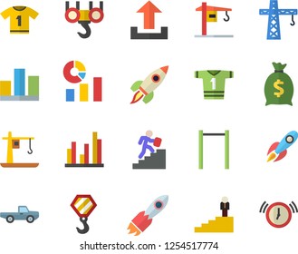 Color flat icon set crane flat vector, hook, pickup truck, rocket, wealth, statistics, statistic, career ladder, parallel bars, sport T shirt, upload, alarm clock