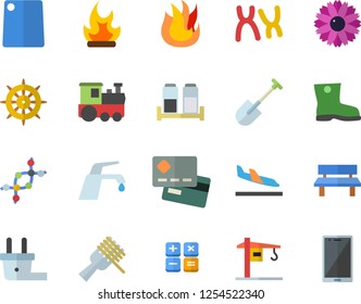 Color flat icon set crane flat vector, faucet, cutting board, fire, spice, spaghetti on a fork, flower, shovel, gumboots, bonfire, bench, plug socket, credit card, calculator, chromosomes, dna