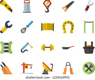 Color flat icon set crane flat vector, hook, saw, fence, stationery knife, frying pan, whisk, knives, grater, horseshoe, satellite antenna, welding, wrench, metallurgy, dumbbell, carpal expander