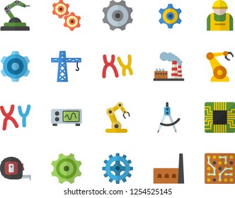 Color flat icon set crane flat vector, cogwheel, tape measure, factory, manufactory, construction worker, motherboard, robotics, dividers, chromosomes, oscilloscope, industrial robot