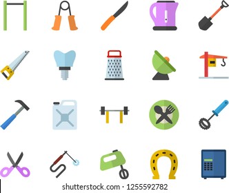 Color flat icon set crane flat vector, saw, hammer, electric kettle, whisk, knives, scissors, mixer, grater, horseshoe, shovel, canister, satellite antenna, welding, implant, barbell, parallel bars