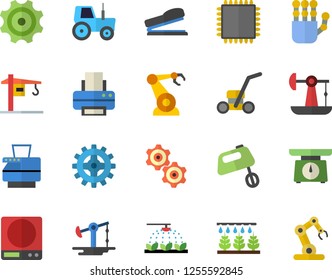 Color flat icon set crane flat vector, weighing machine, mixer, tractor, sprinkling, lawn mower, oil pumping, cogwheel, robotics, printer, copy, stapler, robot hand, cpu, industrial