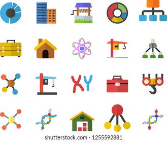 Color flat icon set crane flat vector, house, hook, tool bag, skyscraper, well, hierarchy, warehouse, DNA, chromosomes, molecules, clircle diagram, molecule, atom