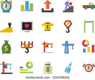 Color flat icon set crane flat vector, hook, pickup truck, wealth, statistics, computer diagnostics of health, statistic, career ladder, rocket, parallel bars, sport T shirt, upload, alarm clock