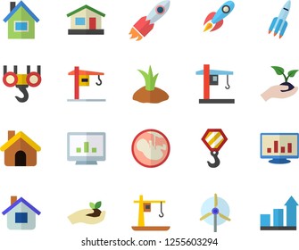 Color flat icon set crane flat vector, house, hook, seedlings, planting plants, rocket, embryo, computer chart, windmill, achievement