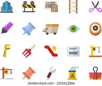 Color flat icon set crane flat vector, tool, calculator, barrier, scissors, pitchfork, ladder, wrench, marker, express delivery, barcode, eye, office building, nuclear power plant, pushpin, target