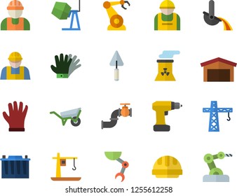Color flat icon set crane flat vector, builder, concrete mixer, trowel, wheelbarrow, drill screwdriver, hard hat, gloves, main pipeline, accumulator, construction worker, robotics, metallurgy