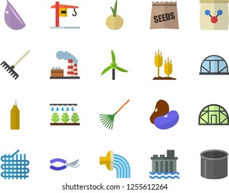 Color flat icon set crane flat vector, legumes, garlic, onion, mustard, seeds, ear, sprinkling machine, secateurs, rake, hose irrigation, greenhouse, fertilizer vectory, windmill, factory
