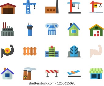Color flat icon set crane flat vector, house, heating batteries, barrier, manufactory, plant, warehouse, office building, nuclear power, muscles, antique column fector, airport tower, departure