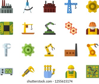 Color flat icon set crane flat vector, cogwheel, trammel, manufactory, plant, construction worker, motherboard, robotics, dividers, robot hand, oscilloscope, industrial, electronic circuit