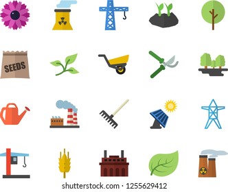 Color flat icon set crane flat vector, seeds, ear, tree, flower, secateurs, rake, watering can, planting plants, garden wheelbarrow, solar battery, leaf, factory, forest, power line support, plant