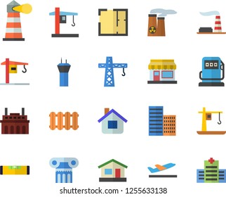 Color flat icon set crane flat vector, house layout, level meter, skyscraper, heating batteries, grain warehouse, refueling, factory, plant, lighthouse, nuclear power, antique column fector