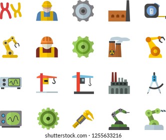 Color flat icon set crane flat vector, builder, tape measure, trammel, manufactory, plant, cogwheel, construction worker, robotics, dividers, chromosomes, nuclear power, oscilloscope