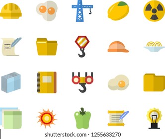 Color flat icon set crane flat vector, hook, hard hat, lemon, spaghetti, bell pepper, scrambled eggs, radiation, computer file, sticker, hostory roll, notebook, sun fector, lamp
