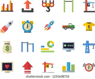 Color flat icon set crane flat vector, hook, pickup truck, rocket, wealth, statistics, computer diagnostics of health, statistic, parallel bars, sport T shirt, upload, alarm clock